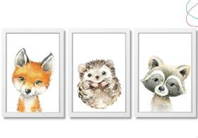 3 Quadros Decorativos Animais do Bosque Raposa Aquarela