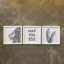 3 Quadros decorativos casa folhas happiness leão boho 30cm 3 Quadros decorativos casa folhas happiness leão boho 30cm