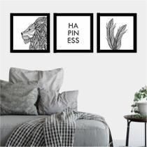3 Quadros decorativos casa folhas happiness leão boho 30cm 3 Quadros decorativos casa folhas happiness leão boho 30cm