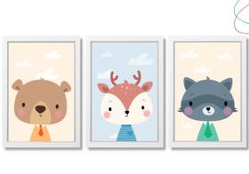 3 Quadros Decorativos infantil Animais do Bosque Floresta