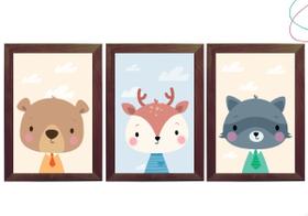 3 Quadros Decorativos infantil Animais do Bosque Floresta