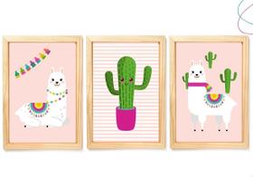 3 Quadros Decorativos Infantil - Lhama com moldura e vidro