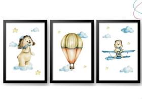 3 Quadros Decorativos Infantil Ursinho Aviador Aquarela 3 Quadros Decorativos Infantil Ursinho Aviador Aquarela
