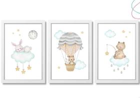 3 Quadros Decorativos Infantil Ursinho Coelhinho Balão Nuvem - Creative Cat