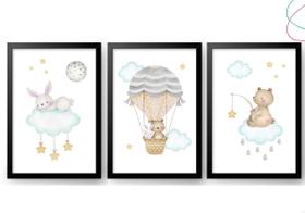 3 Quadros Decorativos Infantil Ursinho Coelhinho Balão Nuvem