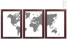 3 Quadros Decorativos Mapa Mundi Cinza 3 Quadros Decorativos Mapa Mundi Cinza