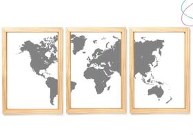 3 Quadros Decorativos Mapa Mundi Cinza 3 Quadros Decorativos Mapa Mundi Cinza