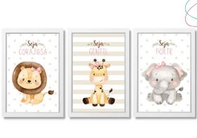3 Quadros Decorativos Safari Aquarela baby menina moldura 3 Quadros Decorativos Safari Aquarela baby menina moldura