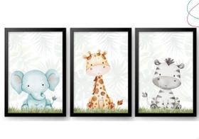 3 Quadros Decorativos Safari Baby Aquarela com moldura