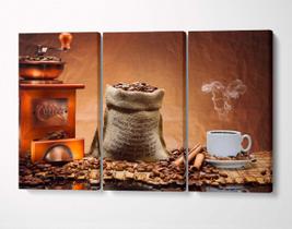 3 Quadros em Tecido Canvas Café Grão Xicara Coffee Moedor