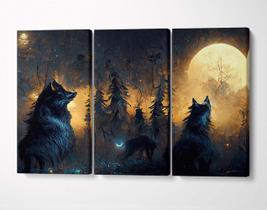 3 Quadros em Tecido Canvas Lobo Lua Floresta Matilha Árvores