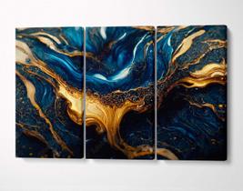 3 Quadros em Tecido Canvas Textura mármore luxo ouro e azul