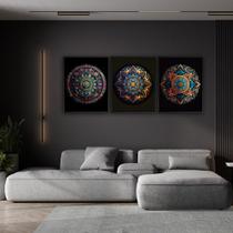 3 Quadros Luxo Futurista Mandalas Canvas C/ Moldura 129x53cm