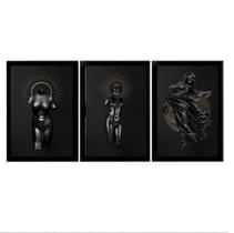 3 Quadros Placas Esculturas Negras Com Moldura 20x30