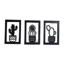 3 Quadros vegetação do deserto pintado preto em MDF cru 3 Quadros vegetação do deserto pintado preto em MDF cru