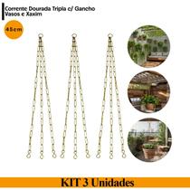 3 Suportes Corrente Tripla Dourada 45cm com Gancho p/ Vasos e Xaxim - Jardim Vertical