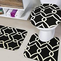 3 tapetes banheiro capa vaso pretos com estampa em branco - TAPETES JUNIOR