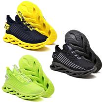 3 Tênis de Corrida Masculino Academia Confortavel Verde e Amarelo
