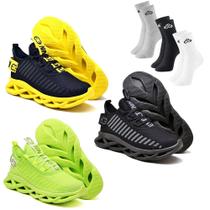 3 Tênis de Corrida Masculino Academia Confortavel Verde e Amarelo + Meia