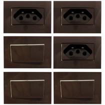 3 Tomada Móvel 3 Pinos 10a + 3 Interruptor Simples Marrom Embutir Painel