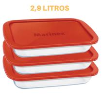 3 Travessa Retangular Vidro Com Tampa 2,9L Assados Marinex