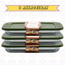 3 Travessa Vidro Temperado Retangular 2,2L c/ Tampa Fricassê Sobremesa