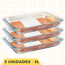 3 UN - Travessa Vidro Retangular 3L Vidro Resistente Cozinha