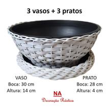 3 vaso de planta com prato cuia bacia vime 30 cm branco largo grande