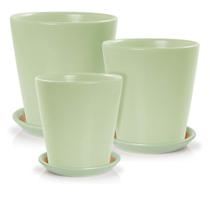 3 Vasos Cachepot com Pratos Porcelana Verde Fosco Pozzani