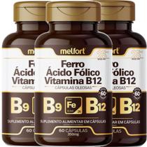 3 x Ácido Fólico + Ferro + Vitamina B12 180 Cápsulas Suplemento - Melfort