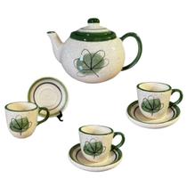 3 Xícaras Com Pires e Bule Para Servir Café Verde Pintado á Mão 3 Xícaras Com Pires e Bule Para Servir Café Verde Pintado á Mão