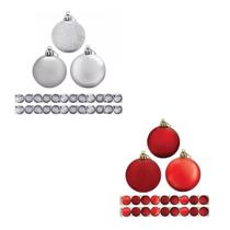 30 Bolas De Natal Mista Vermelha Prata Glitter Lisa Fosca 4cm Pendente Árvore