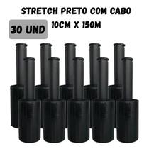 30 Rolos de Filme Stretch Preto com Cabo 10cm x 150m Agilidade na Embalagem