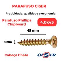 300 Parafuso Para Madeira Philips Cabeça Chata Chipboard 4x45 - Caixa - Ciser
