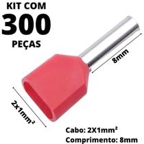 300un Terminal Tubular Ilhós Pré-isolado Duplo Para Cabo de 1,0mm² Metal 8mm Vermelho TE1008