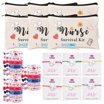 30pcs Nurse Appreciation Gifts Set Inclui 6 Kit de Sobrevivência da Enfermeira Saco de Maquiagem de Lona, 6 Pulseira do Cartão de Bênção da Enfermeira com Cartão de Felicitações e 18 Laços de Cabelo de Enfermagem Elástico Ribbon Ponytail Holder
