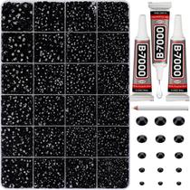 33.000 Peças de Strass Preto para Decoração, Pedras Flatback de Tamanhos Diferentes 2,3,4,5,6mm Kit com Cola B7000, Cristais de Resina para Artesanato em Roupas