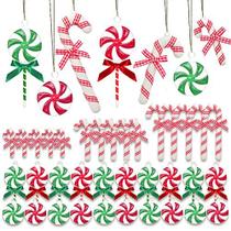 35 PCes Shatterproof Natal Candy Decorações Plástico Candy Cane Swirl Peppermint Lollipop Christmas Tree Hanging Ornamentos, Pingente de doces acrílicos coloridos com arco e corda para fornecimento de festa de férias