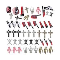 36 Peças De Charms De Unhas De Halloween Em Prata E Vermelho, Arte De Unhas Metálica 3D Com Strass