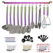 38 Peças de cozinha de silicone Cozinha Utensílios de cozinha Conjunto com rack de utensílio, cabeça de silicone e cabo de aço inoxidável, ferramentas de cozinha, gadgets de cozinha antiaderente, lava-louças seguras (arco-íris)