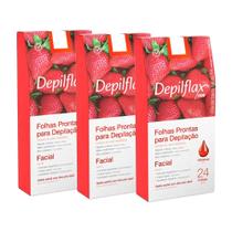3cx Folhas Prontas Depilação Facial Depilflax Morango 24un 3cx Folhas Prontas Depilação Facial Depilflax Morango 24un