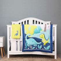 3D Cute Dinosaur Berço Bedding Set for Boys Girls 4Piece Baby Nursery Bedding Beb Set for 28x52 Inch Washable Blue Grey Crib Comforter, Crib Sheet, Dust Ruffle,Cobertor