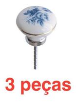 (3pçs) Puxador Porcelana Floral Azul Moveis 35mm 85-06