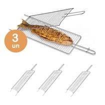 3un Grelha inox dobrável churrasco frango peixe carne 65cm - Araminas
