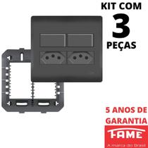 3un Interruptor Simples 10A 2 Teclas e Tomada Padrão Dupla 2P+T 20A Com Placa 4X4 Habitat Black FAME