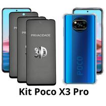 3UN Película 3D de Vidro Privacidade + 1x Capa Transparente para Xiaomi Poco X3 Pro