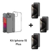 3UN Película 3D De Vidro Privacidade + Capa Capinha Transparente Anti Impacto Para Iphone 15 PLUS