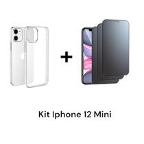 3UN Película 3D Vidro Privacidade + Capa Capinha Transparente Anti Impacto para Iphone 12 Mini