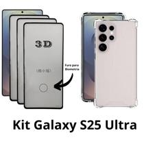 3UN Película Frontal de Vidro 3D + Capa Case Silicone Transparente para Samsung Galaxy S25 Ultra