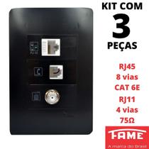 3un Tomada VDI RJ11 4 Vias RJ45 CAT 6E 8 Vias e Coaxial Com Placa Habitat Black FAME